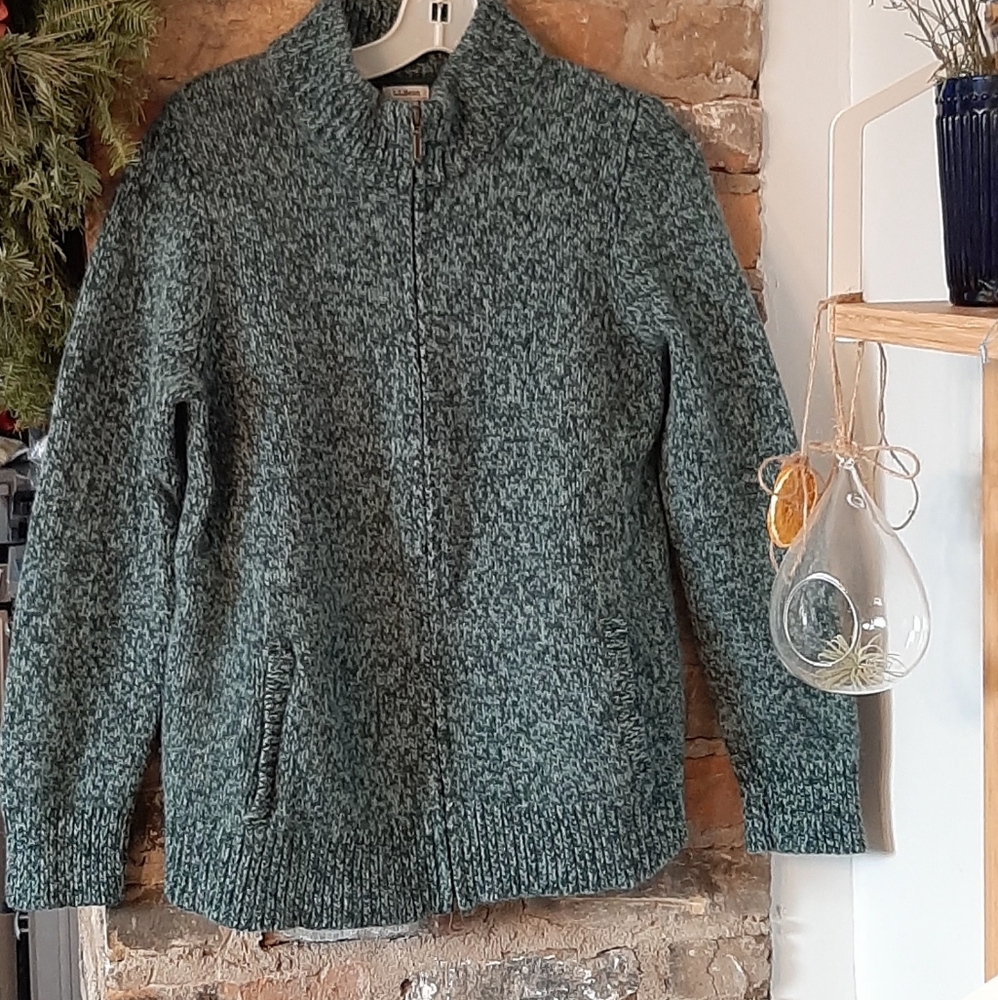 L.L. Bean Green Marled Zip-Front Women's Sweater